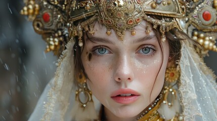 Sticker - Mystical Portrait of a Young Woman in a Golden Headpiece