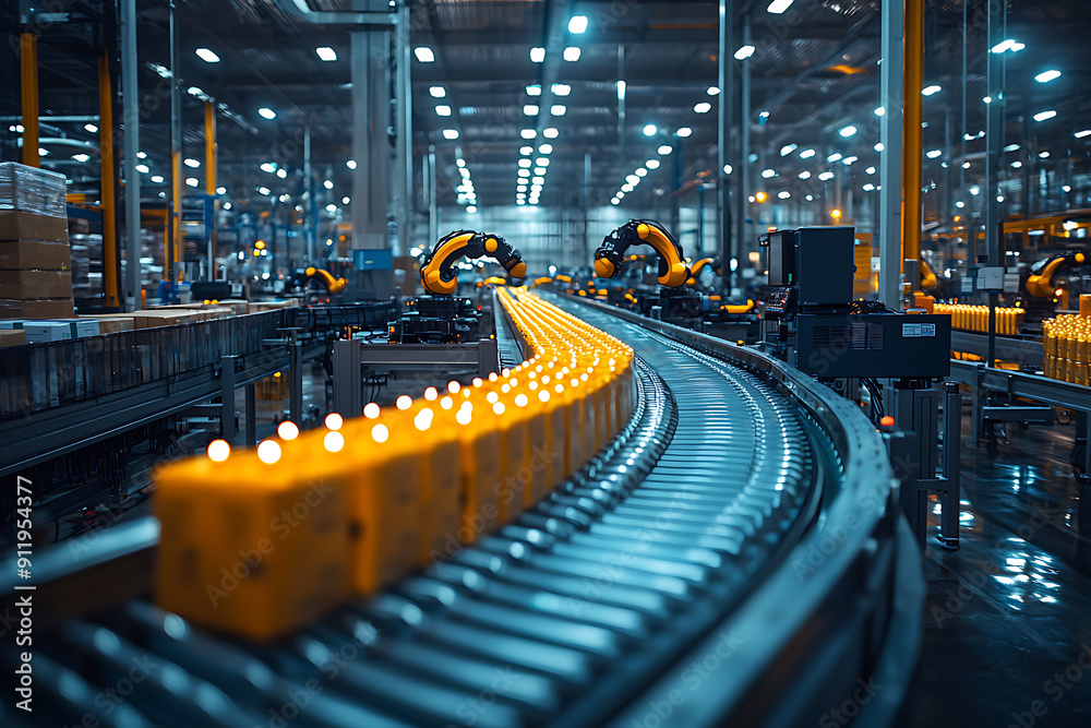 A busy warehouse featuring robotic arms and conveyor belts sorting ...