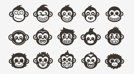 Poster - Set of 15 adorable monkey faces with different expressions.