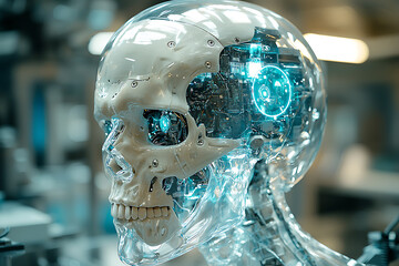 Poster - Close-up of an advanced humanoid robot with a transparent skull revealing intricate circuits and glowing neural networks, set in a high-tech lab.
