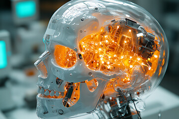 Wall Mural - Close-up of an advanced humanoid robot with a transparent skull revealing intricate circuits and glowing neural networks, set in a high-tech lab.
