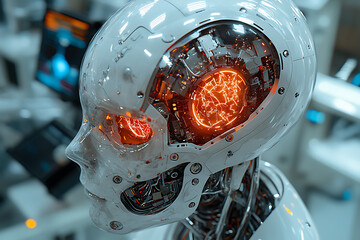 Wall Mural - Close-up of an advanced humanoid robot with a transparent skull revealing intricate circuits and glowing neural networks, set in a high-tech lab.
