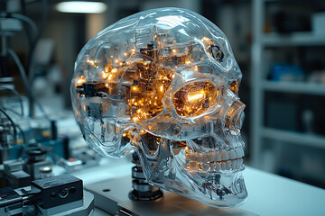 Canvas Print - Close-up of an advanced humanoid robot with a transparent skull revealing intricate circuits and glowing neural networks, set in a high-tech lab.
