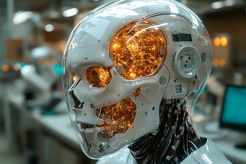 Sticker - Close-up of an advanced humanoid robot with a transparent skull revealing intricate circuits and glowing neural networks, set in a high-tech lab.
