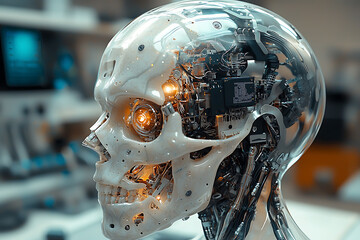 Sticker - Close-up of an advanced humanoid robot with a transparent skull revealing intricate circuits and glowing neural networks, set in a high-tech lab.
