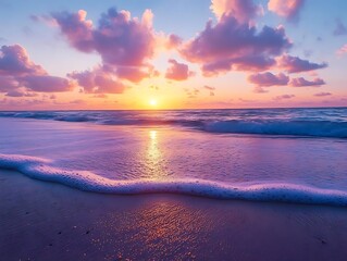 Wall Mural - Pink Sunset Over Ocean Waves on Sandy Beach