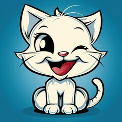 Wall Mural - Cartoon white cat with a big smile and winking eye.