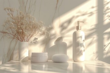 Wall Mural - White Skincare Products and Dried Flowers on a Marble Countertop