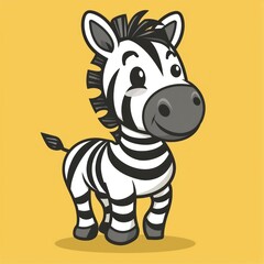 Wall Mural - Cute cartoon zebra with black and white stripes standing on a yellow background.