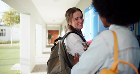 Poster - Happy, friends and girls talking at school for education, class lesson and studying advice at university lobby. Smile, students and morning discussion, social support and knowledge growth by locker