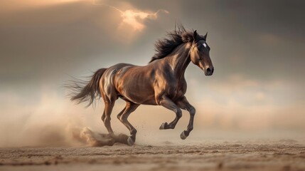 Naklejka na meble The image captures the exhilarating moment of a horse running at full gallop on a barren landscape, possibly in a desert-like environment.
