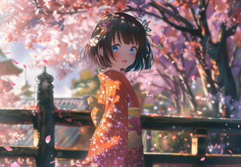 Poster - anime character posing in a cute dress with a spring garden background. The cute detailed digital art shows a short hair girl with blue eyes and pink flowers on her head