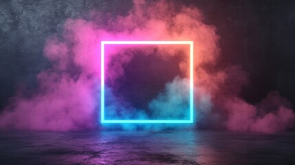 Poster - A glowing neon square stands illuminated amid swirling, colorful clouds in a mystical environment