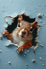 Poster - A curious squirrel peeks through a hole in a blue wall.