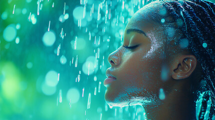 Poster - A fashion portrait of a beautiful African American woman standing in the water of a waterfall. 