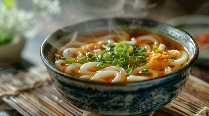 Wall Mural - A bowl of noodle soup with garnish and steam in the background.