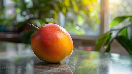 A fresh red apple sitting on a table indoors, with natural light coming through the window.