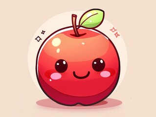 Sticker - Cute cartoon red apple with a happy face and a green leaf.