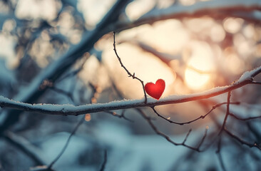 A small heart on branches in winter scene on a tree branch, love heart concept, valentine`s day card