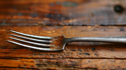  A close-up of a rusty fork placed on a wooden table, showcasing the contrast between the metal and the wood's surface.