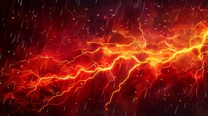 Wall Mural - A red and orange lightning bolt with rain falling on it. Concept of danger and power, as the lightning bolt is a symbol of electricity and the rain adds to the intensity of the scene