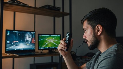 Man streaming online videogames on phone