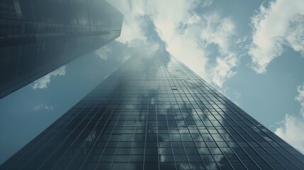 Wall Mural - Futuristic skyscraper with interlocking glass panels reflecting the sky