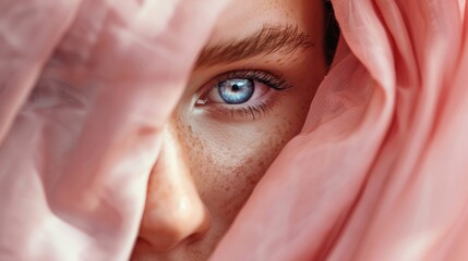 close-up of light eyes of a beautiful woman covering with a cloak