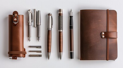 Flat lay of elegant work equipment including a designer pen set and leather notebook, shown in clear and detailed 3D drawing techniques