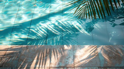 Poster - Sunlit palm tree shadows cast on turquoise pool water, creating a tranquil and tropical atmosphere.