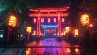 © Jesse - ** A vibrant and atmospheric night-time scene featuring a traditional Japanese torii gate framed by glowing red lanterns. The ground is wet and reflective, suggesting recent rain. The lanterns cast a