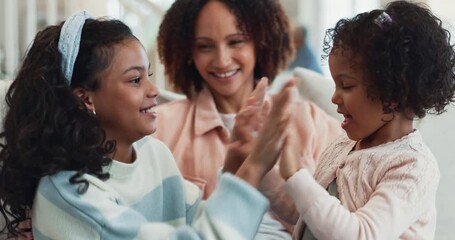 Poster - Relax, mother and children with hand game for fun, connection and bonding together at home. Happy, love and girl kids playing and resting with mom in living room for family time on sofa in house.