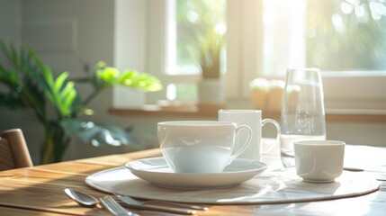 A serene breakfast table setup with white dishware and sunlight streaming through the window, creating a cozy morning atmosphere.