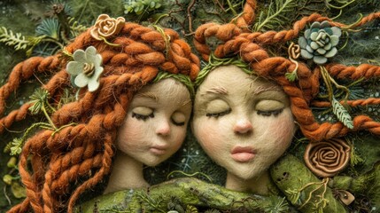 Close-up of two handmade felt dolls with intricate red hair and floral decorations, lying on a green background.