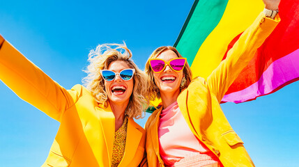 Two Friends Laughing in Colorful Outfits at Outdoor Cafe.