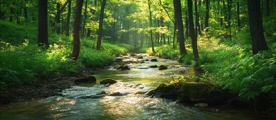 Wall Mural - Sunrays Illuminating a Tranquil Forest Stream