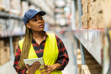 Wall Mural - Portrait african american engineer woman shipping order export and import,industry 4.0,goods,factory,warehouse,international trade,transportation,cargo ship,logistic,distribution.business industry