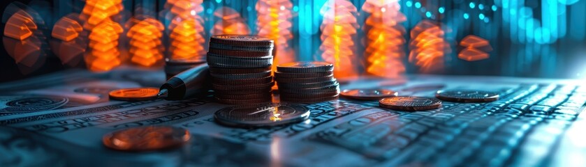 Wall Mural - Stacks of Coins and Dollar Bills with Pen in Vibrant Lighting - Financial and Economic Concept