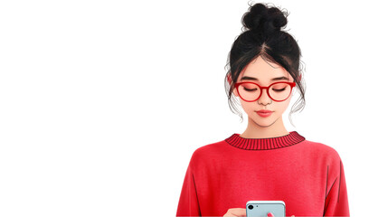 Wall Mural - Young Woman in Red Sweater Uses Smartphone - Perfect for Tech & Lifestyle Marketing