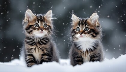 Two cute cats are playing in the snow, their hair is covered with snow and their expressions are cute.