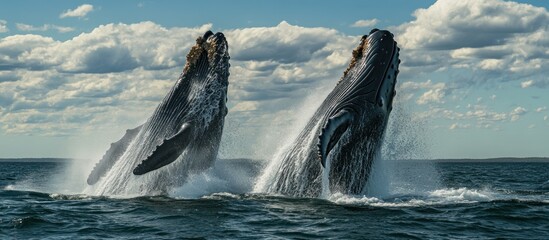 Wall Mural - Two Humpback Whales Leap from the Ocean