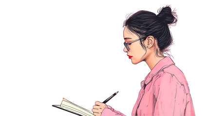 Wall Mural - A beautiful young woman wearing glasses, writing in a notebook. Perfect for blogs, social media, and websites.