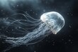 © siripimon2525 - Macro shot of a tiny alien jellyfish, drifting in the atmosphere of a gas giant with trailing tentacles. High-resolution, detailed textures, crisp focus