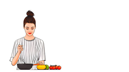 A beautiful woman in a striped shirt is preparing a delicious meal.