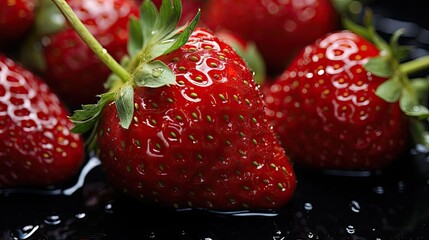 Wall Mural - A bunch of red strawberries with droplets on top and a green leaf underneath.