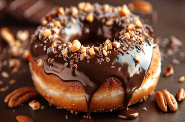 donut with chocolate glaze and nuts dripping in liquid chocolate