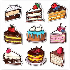 Wall Mural - Collection sticker of cake, white background, vector illustration