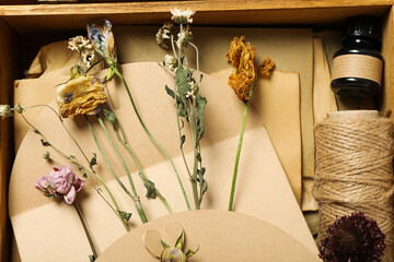 Wall Mural - Dried flowers, old papers, twine and ink in wooden box, top view