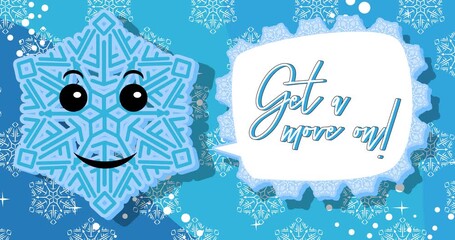 Poster - Falling Snowflake with Get a move on! text on blue background. Winter Cartoon video. Seasonal Snow animation.