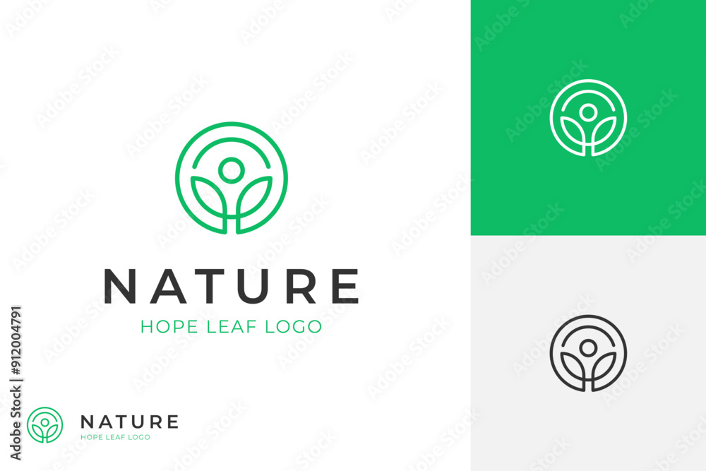 people leaf logo icon design line style with a circle round for a ...
